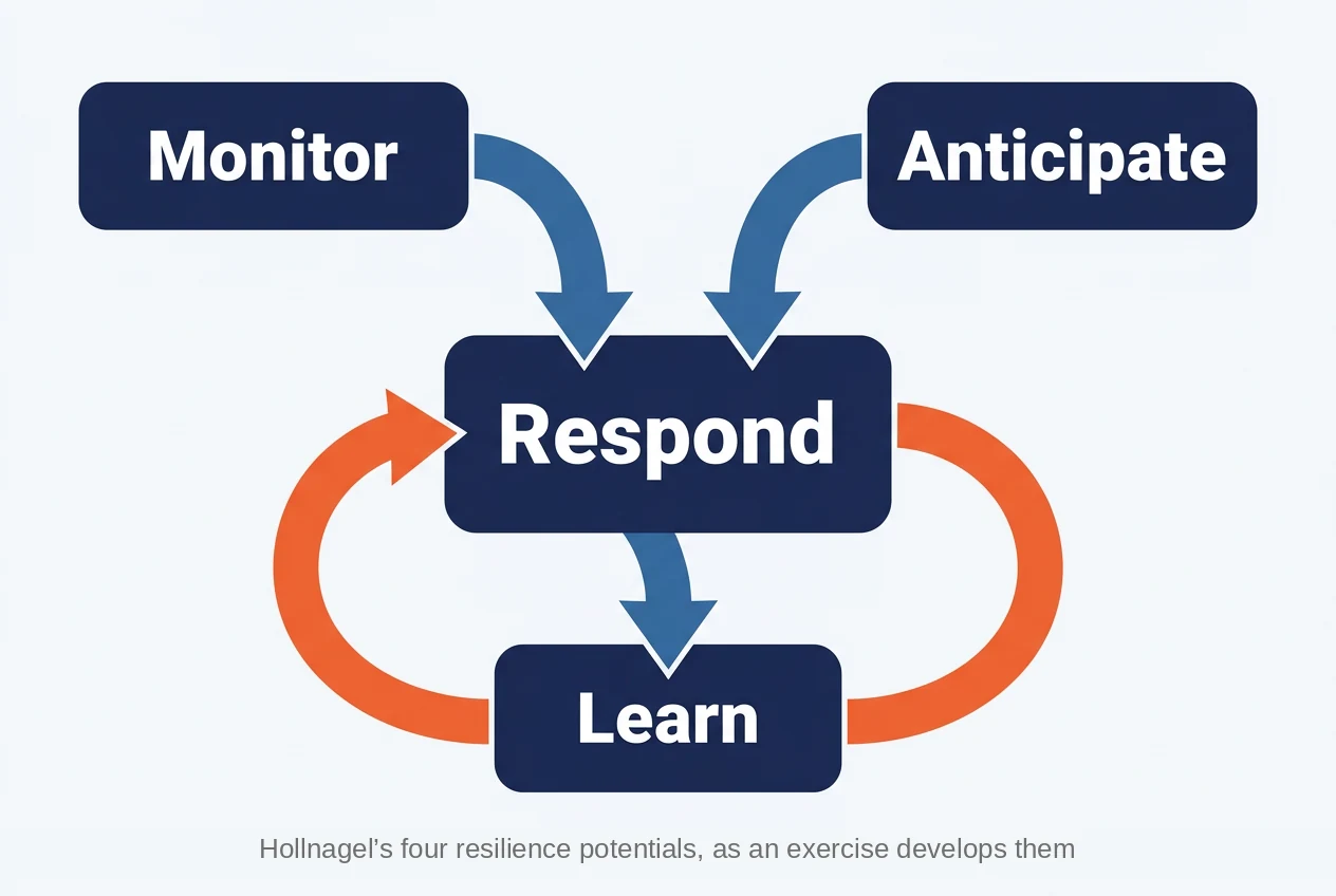 Hollnagel's four resilience potentials, respond, monitor, anticipate and learn, arranged with respond at the centre as an exercise develops them.