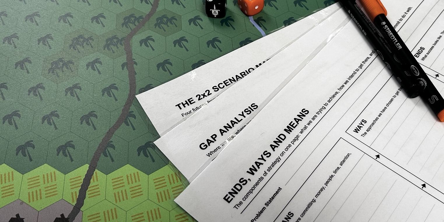 Printed sheets from the Evocatus toolkit, among them Ends, Ways and Means and the Gap Analysis Template, laid out on a hex-grid wargame map with a marker pen.